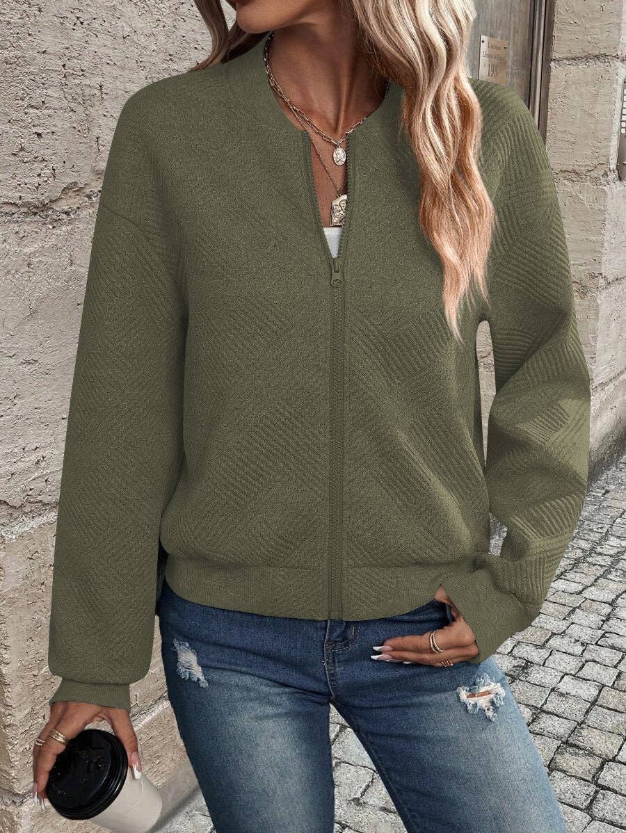 Geometric Textured Bomber Jacket with Pockets ๐