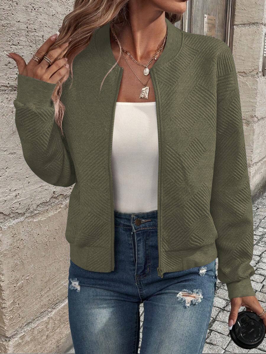 Geometric Textured Bomber Jacket with Pockets 💚