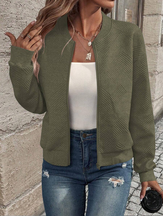 Geometric Textured Bomber Jacket with Pockets 💚