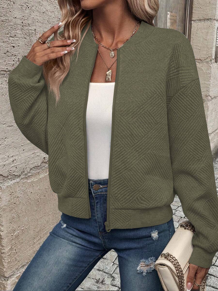 Geometric Textured Bomber Jacket with Pockets 💚
